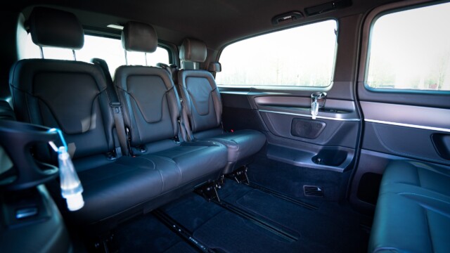 Wide angle shot to the side of the rear seats in a Mercedes V-class